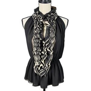 Neiman Marcus Robert Rodriguez Ruffle Neck Sleeveless Blouse Women's S Black Tan